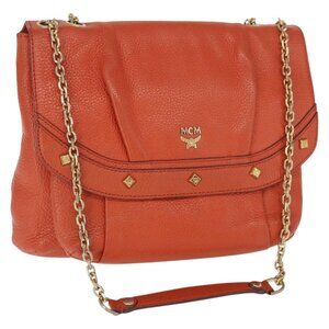 Authentic MCM Studs Chain Shoulder Bag Leather Orange Gold
